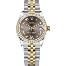 Rolex Datejust 31 Stainless Steel and Yellow Gold Dark Grey Pave Roman Dial Diamond Bezel Women's Replica Watch M278383RBR-0018