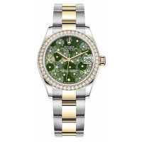 Rolex Datejust 31 Stainless Steel and Yellow Gold Olive Green Floral-Motif Diamond Dial Diamond Bezel Women's Replica Watch M278383RBR-0031