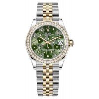 Rolex Datejust 31 Stainless Steel and Yellow Gold Olive Green Floral-Motif Diamond Dial Diamond Bezel Women's Replica Watch M278383RBR-0032