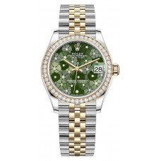 Rolex Datejust 31 Stainless Steel and Yellow Gold Olive Green Floral-Motif Diamond Dial Diamond Bezel Women's Replica Watch M278383RBR-0032