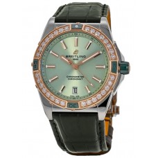 Breitling Super Chronomat Automatic Green Dial Diamond Steel and 18kt Rose Gold Leather Strap Women's Replica Watch U17356531L1P1